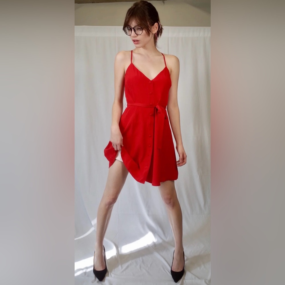 NWT L’Ecole Des Femmes Strappy Adjani Button Front Red Silk Mini Dress ZB3